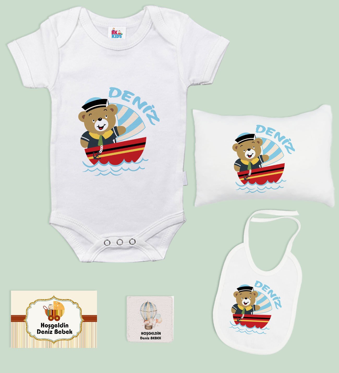 BK Kids Kişiye Özel İsimli 5 Parça Beyaz Bebek Body Zıbın Yastık Hediye Seti, Yeni Doğan Bebek Giyim Hediyesi-1