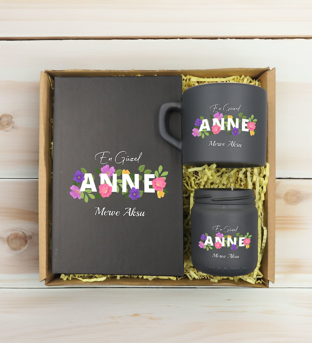 BK Gift Kişiye Özel İsimli DTF Anne Temalı Antrasit Defter & Kahve Fincanı & Mum Hediye Seti-3, Anneye Hediye, Anneler Günü Hediyesi