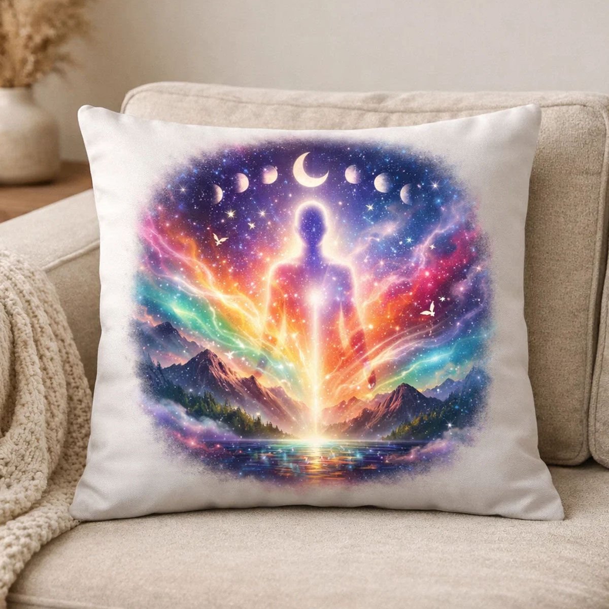 BK Gift Kişiye Özel AI Ruh Sanatı Tasarımlı Beyaz Kırlent Yastık – Yapay Zeka Tasarımlı Dekoratif Yastık