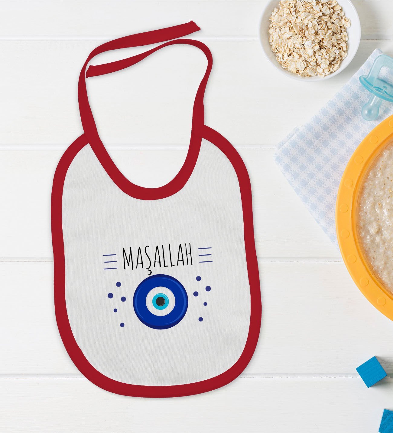 BK Kids Maşallah Tasarımlı Kırmızı Bebek Mama Önlüğü-1
