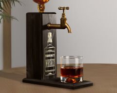 BK Gift Aynalı Altın Kabartma Musluklu Doğal Siyah(Ebony) Ahşap Viski Standı, Home Bar, İçecek Dispenseri, Ahşap İçecek Çeşmesi-7
