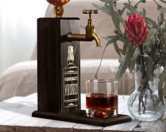 BK Gift Aynalı Altın Kabartma Musluklu Doğal Siyah(Ebony) Ahşap Viski Standı, Home Bar, İçecek Dispenseri, Ahşap İçecek Çeşmesi-7