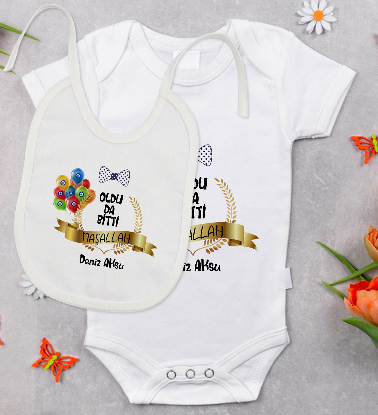 BK Kids Kişiye Özel Sünnet Tasarımlı Bebek Body Zıbın ve Mama Önlüğü Hediye Seti - Model 4