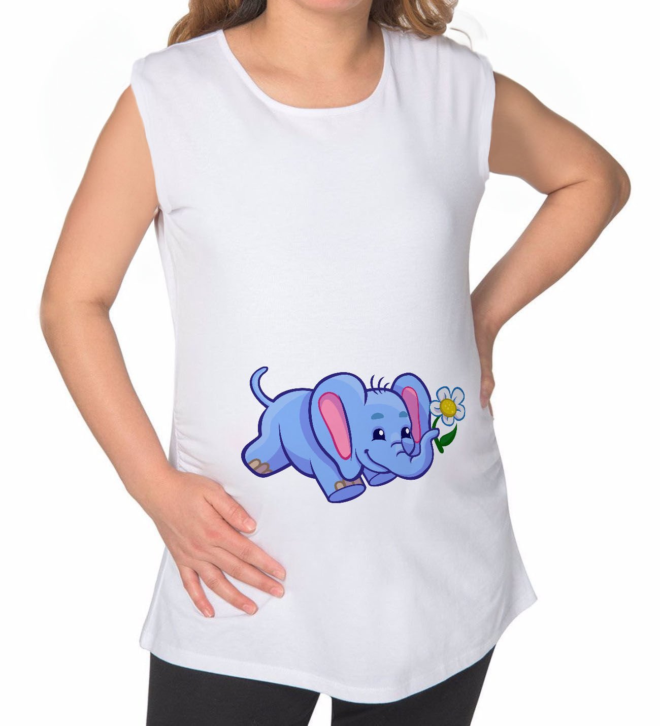 BK Gift Bebek Fil Tasarımlı Beyaz Sıfır Kol Hamile Tişört-1, Hamile Giyim, Eşe Hediye