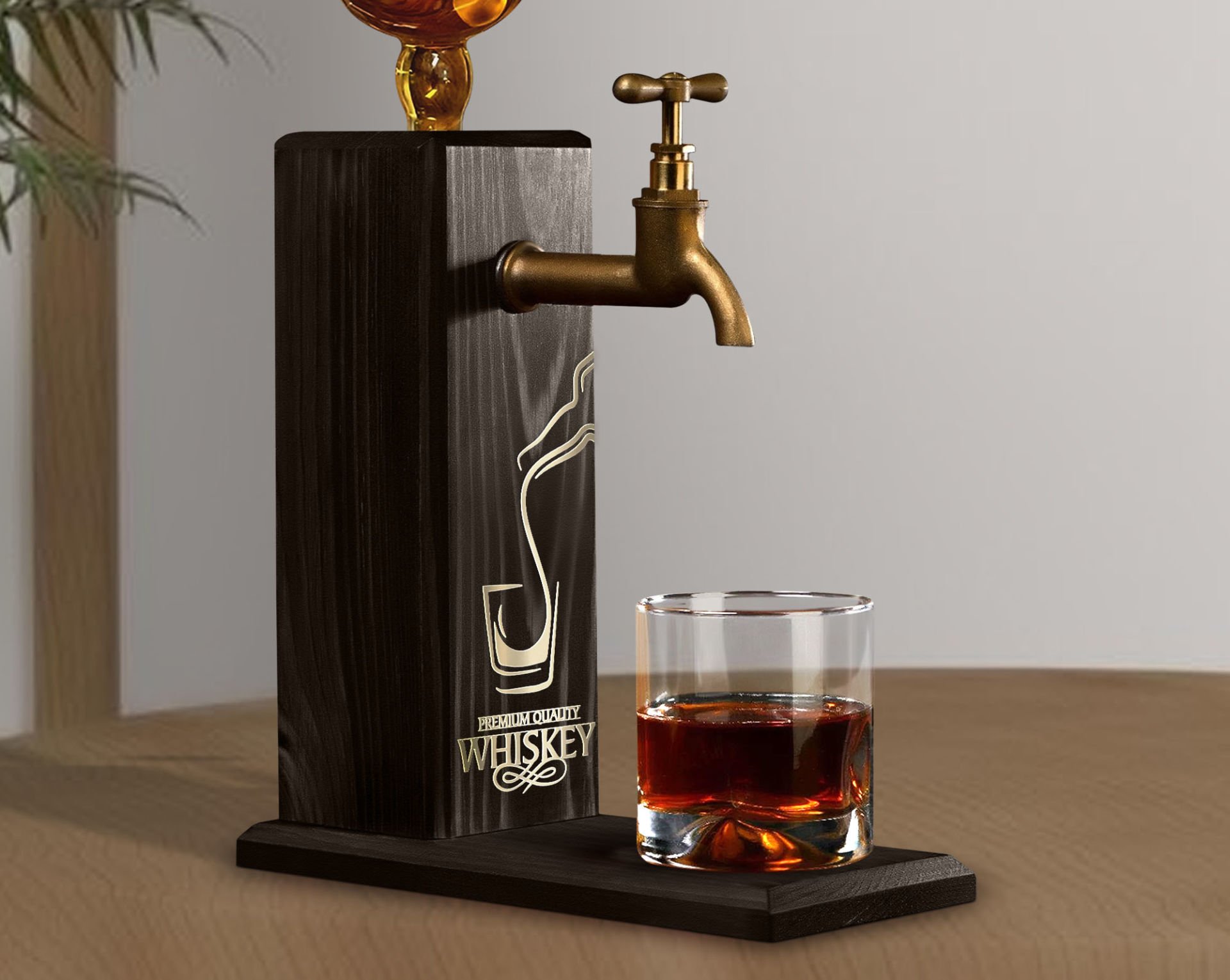 BK Gift Aynalı Altın Kabartma Musluklu Doğal Siyah(Ebony) Ahşap Viski Standı, Home Bar, İçecek Dispenseri, Ahşap İçecek Çeşmesi-8