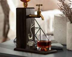 BK Gift Aynalı Altın Kabartma Musluklu Doğal Siyah(Ebony) Ahşap Viski Standı, Home Bar, İçecek Dispenseri, Ahşap İçecek Çeşmesi-8