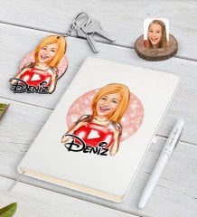 Kişiye Özel Kadın Youtuber Karikatürlü Beyaz Defter Kalem ve Anahtarlık Hediye Seti-1