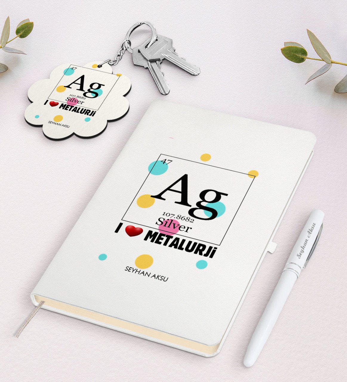 Kişiye Özel Metalurji Mühendisi Beyaz Defter Kalem ve Anahtarlık Hediye Seti