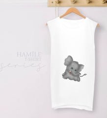 BK Gift Bebek Fil Tasarımlı Beyaz Sıfır Kol Hamile Tişört-2, Hamile Giyim, Eşe Hediye