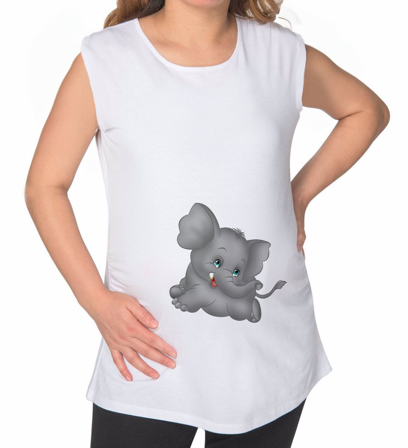 BK Gift Bebek Fil Tasarımlı Beyaz Sıfır Kol Hamile Tişört-2, Hamile Giyim, Eşe Hediye