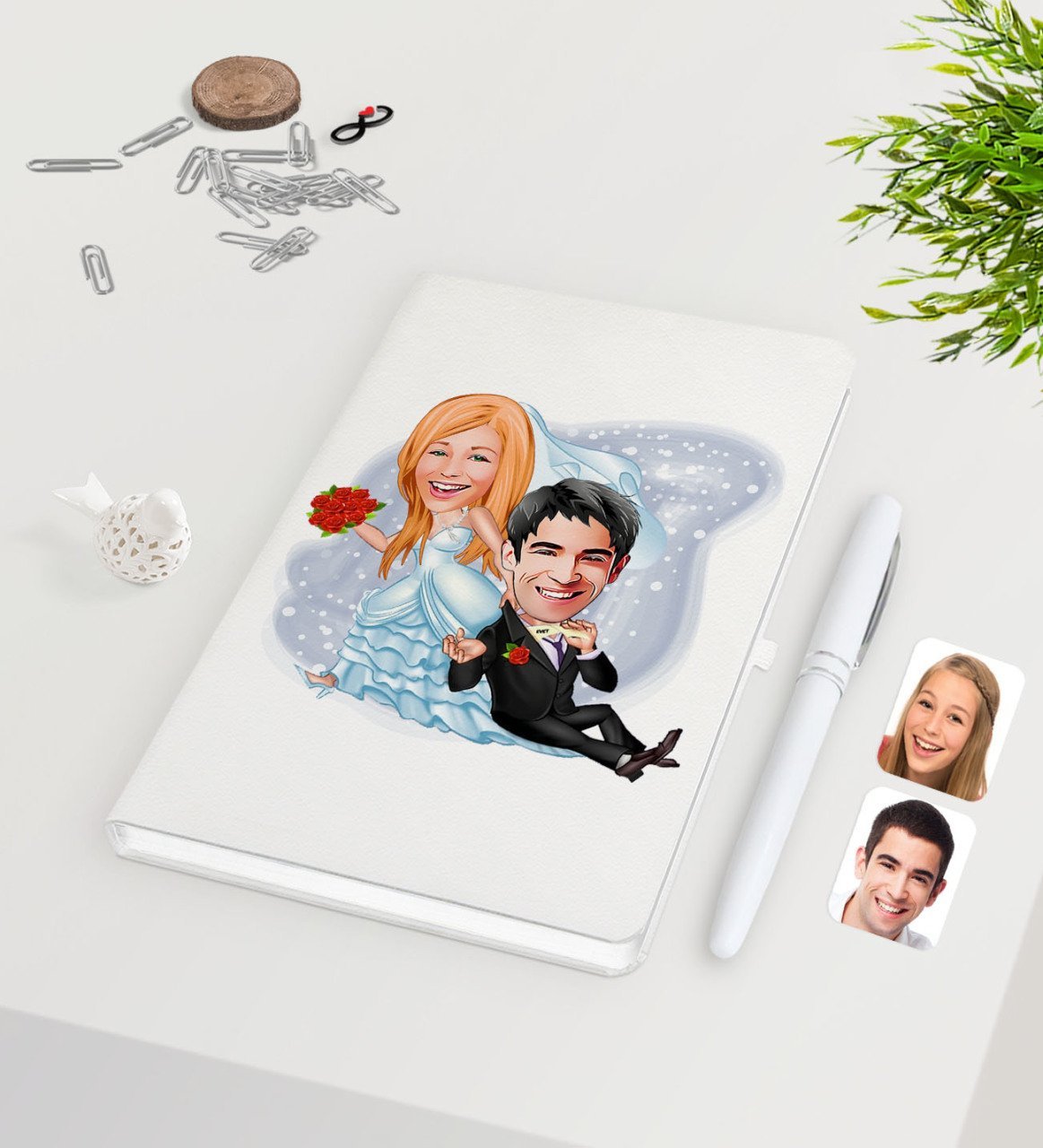 Kişiye Özel Sevgililer Günü Temalı Evleniyoruz Karikatürlü Beyaz Defter Kalem Seti-2