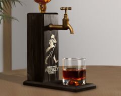 BK Gift Aynalı Altın Kabartma Musluklu Doğal Siyah(Ebony) Ahşap Viski Standı, Home Bar, İçecek Dispenseri, Ahşap İçecek Çeşmesi-9