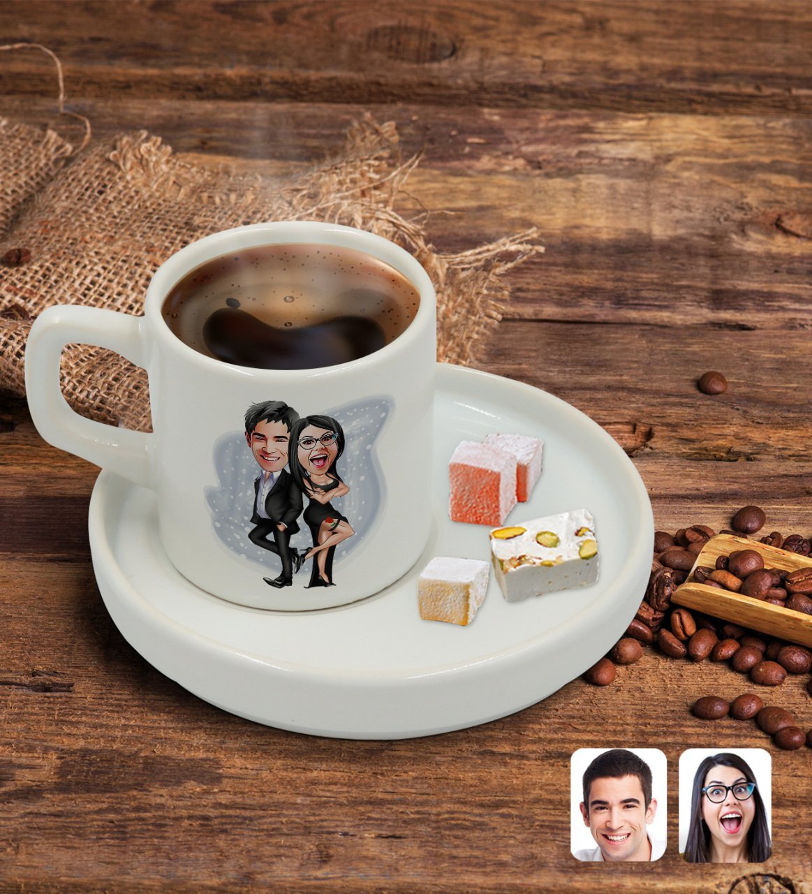 Kişiye Özel Sunum Tabaklı Sevgililer Karikatürlü Türk Kahvesi Fincanı Model 6