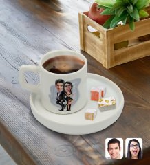 Kişiye Özel Sunum Tabaklı Sevgililer Karikatürlü Türk Kahvesi Fincanı Model 6