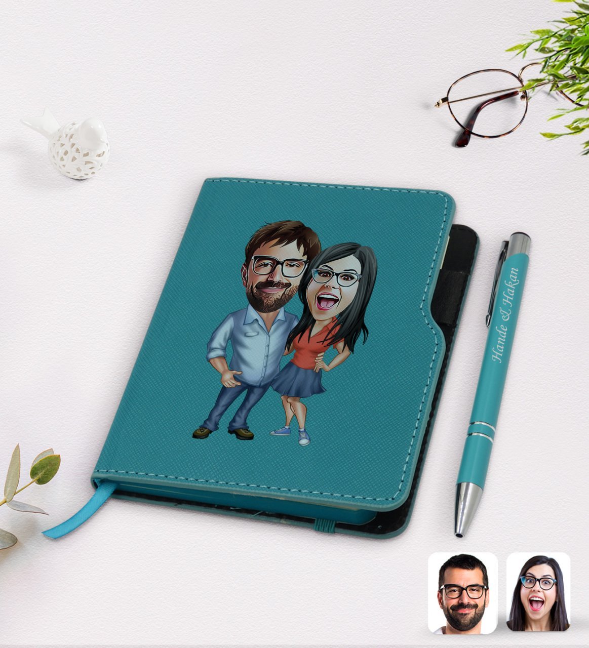 Kişiye Özel Sevgililer Karikatürlü Turkuaz Termo Deri Defter Kalem Seti-105