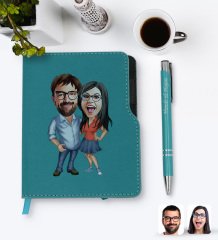 Kişiye Özel Sevgililer Karikatürlü Turkuaz Termo Deri Defter Kalem Seti-105