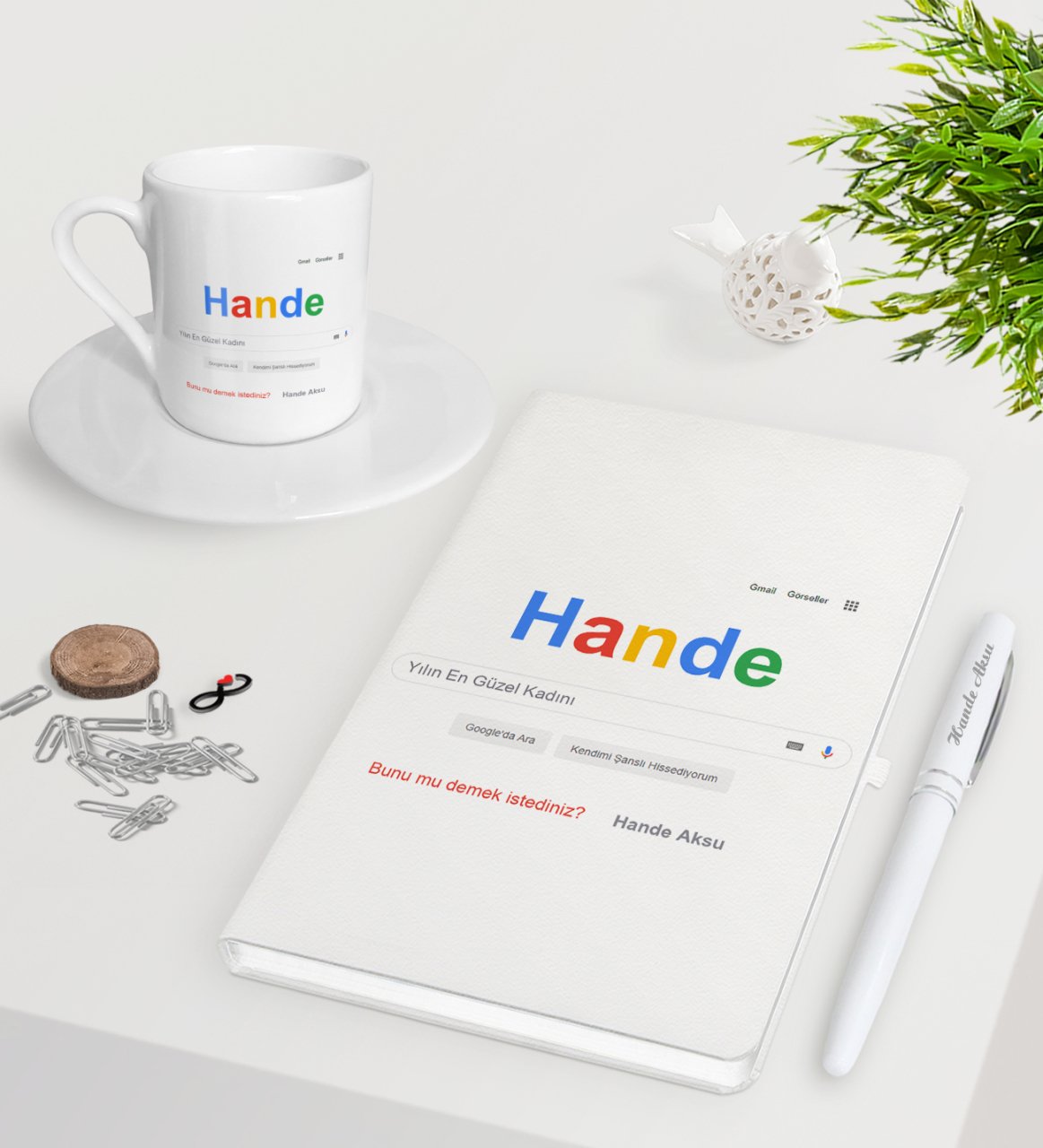Kişiye Özel Google Yılın En Güzel Kadını Beyaz Defter Kalem Türk Kahvesi Fincanı Seti-2