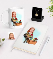 Kişiye Özel Bayan Öğretmen Karikatürlü Beyaz Kupa Defter Kalem ve İsimli Papatya Kolye Hediye Seti-4