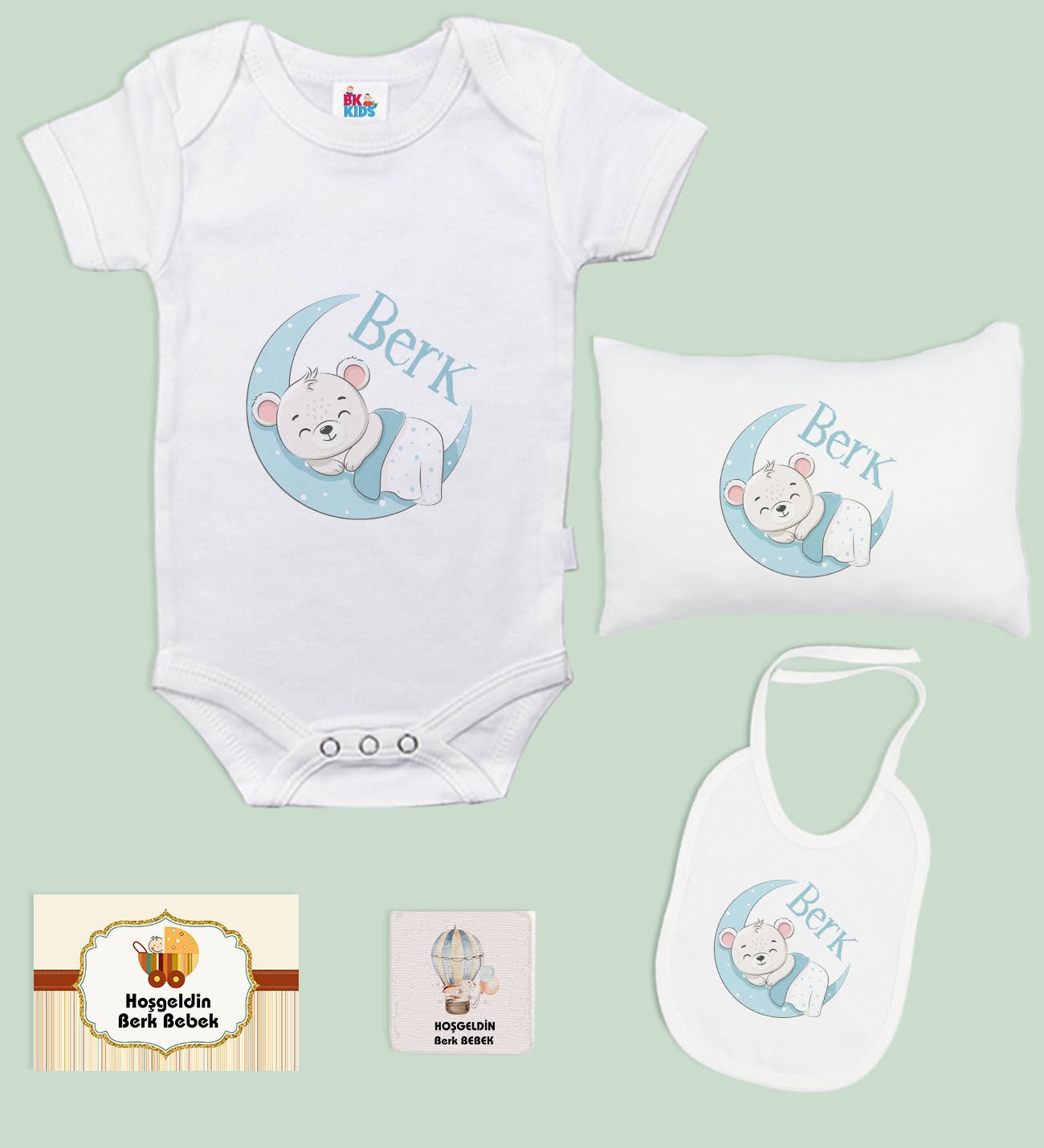 BK Kids Kişiye Özel İsimli 5 Parça Beyaz Bebek Body Zıbın Yastık Hediye Seti, Yeni Doğan Bebek Giyim Hediyesi-6