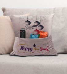 BK Gift Kişiye Özel Yılbaşı Tasarımlı Organizer Kumanda ve Atıştırmalık Cepli Pembe Kırlent Yastık, Yılbaşı Hediyesi- 6, Yeni Yıl Hediyeleri