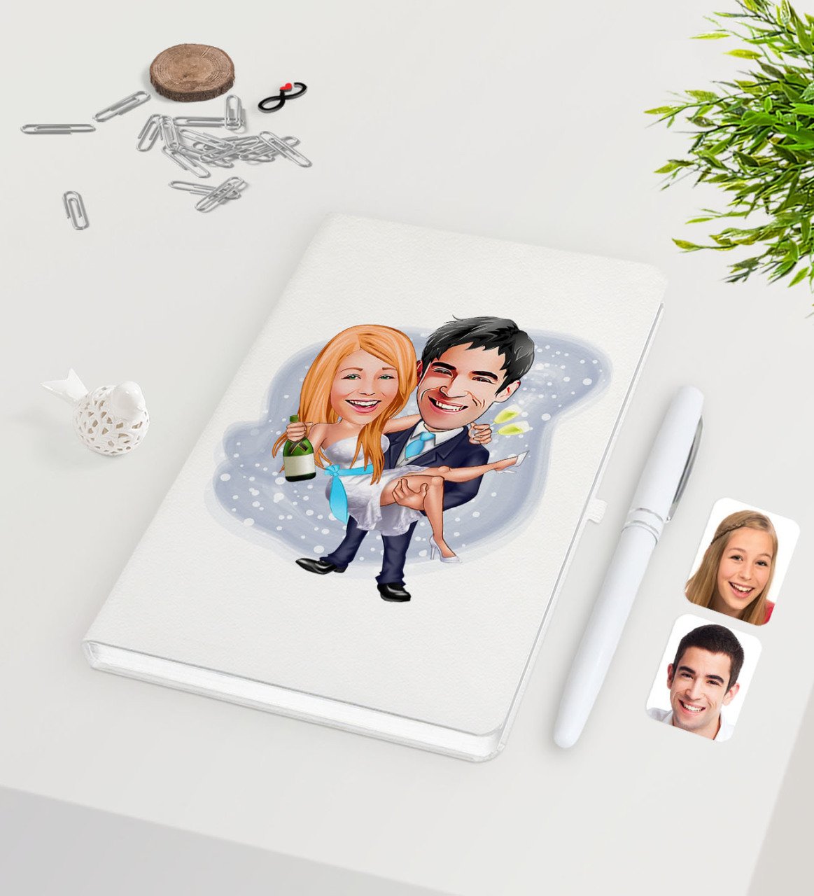 Kişiye Özel Sevgililer Günü Temalı Evleniyoruz Karikatürlü Beyaz Defter Kalem Seti-4