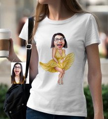 Kişiye Özel Bayan Mona Lisa Karikatür Beyaz Tişört - 1