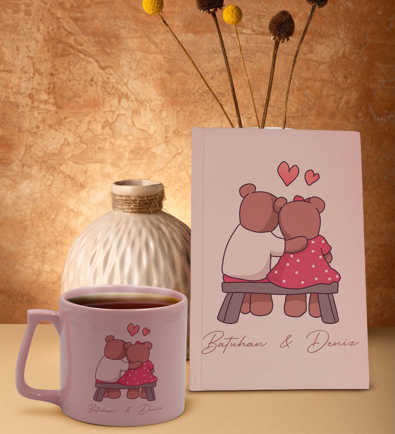 BK Gift Kişiye Özel Sevgili İsimli Pembe Sert Kapaklı Defter ve Middle Kupa Seti, Arkadaşa Hediye, Yeni İş Hediyesi, Doğum Günü Hediyesi-4