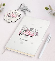 Kişiye Özel Moda Tasarımcısı Beyaz Defter Kalem ve Anahtarlık Hediye Seti-3