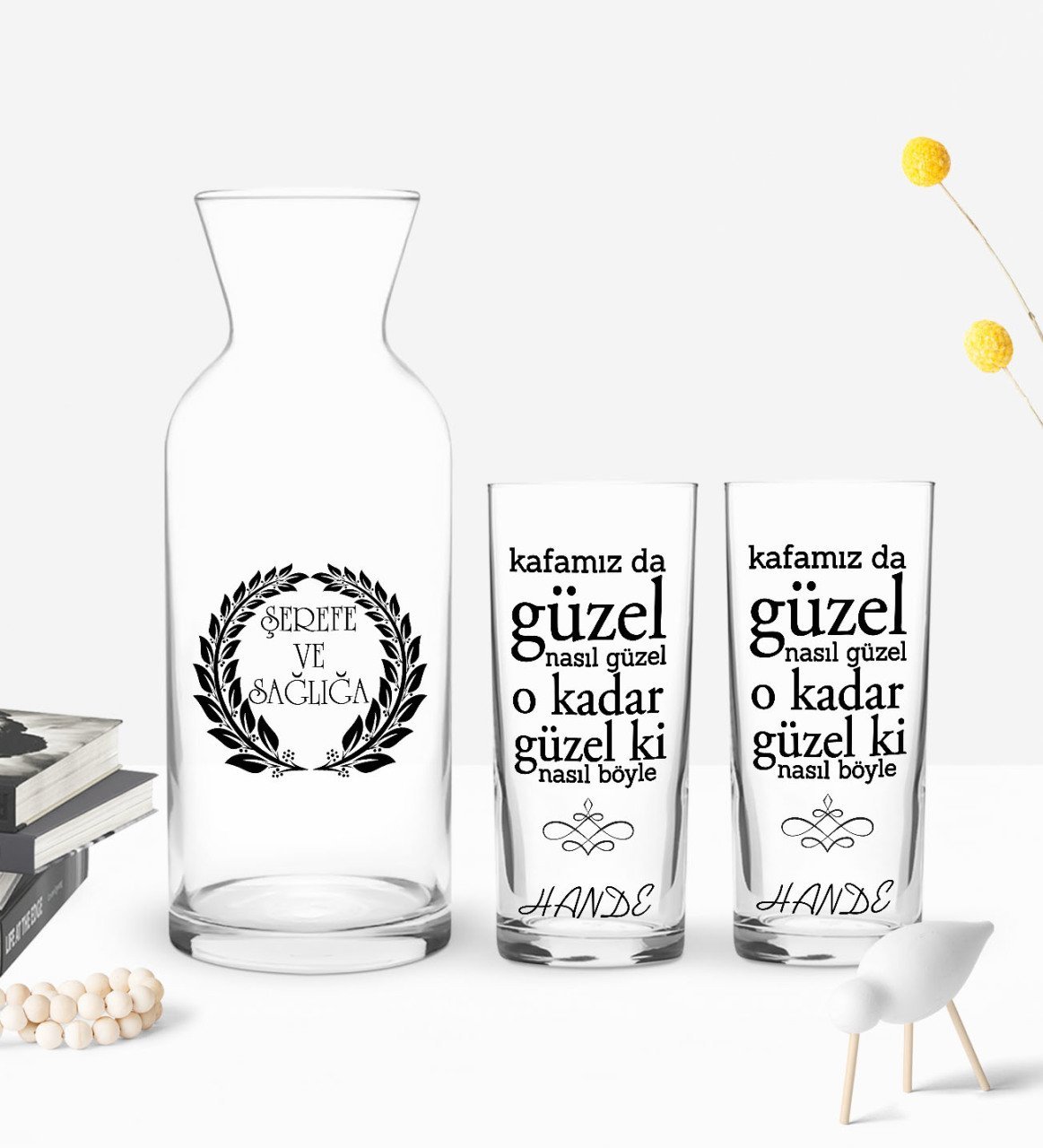 Kişiye Özel Renkli Baskılı Kafamız Da Güzel Tasarımlı İkili Rakı Bardağı ve Karaf Hediye Seti-1
