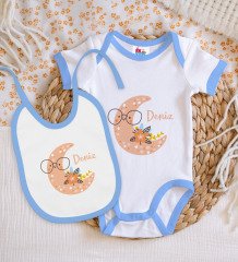BK Kids Kişiye Özel İsimli Mavi Bebek Body Zıbın ve Mama Önlüğü Hediye Seti-8