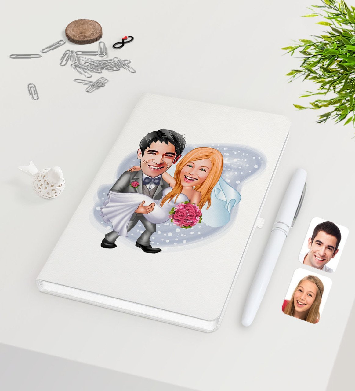 Kişiye Özel Sevgililer Günü Temalı Evleniyoruz Karikatürlü Beyaz Defter Kalem Seti-7