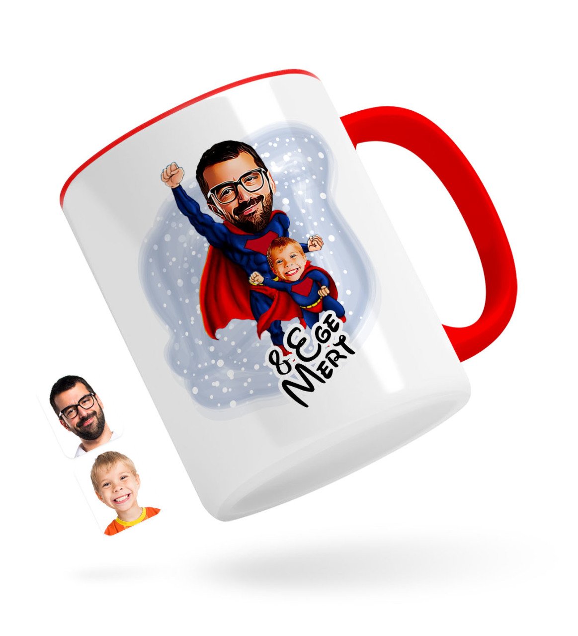 Kişiye Özel Süper Baba-Çocuk Karikatürlü Kırmızı Kupa Bardak