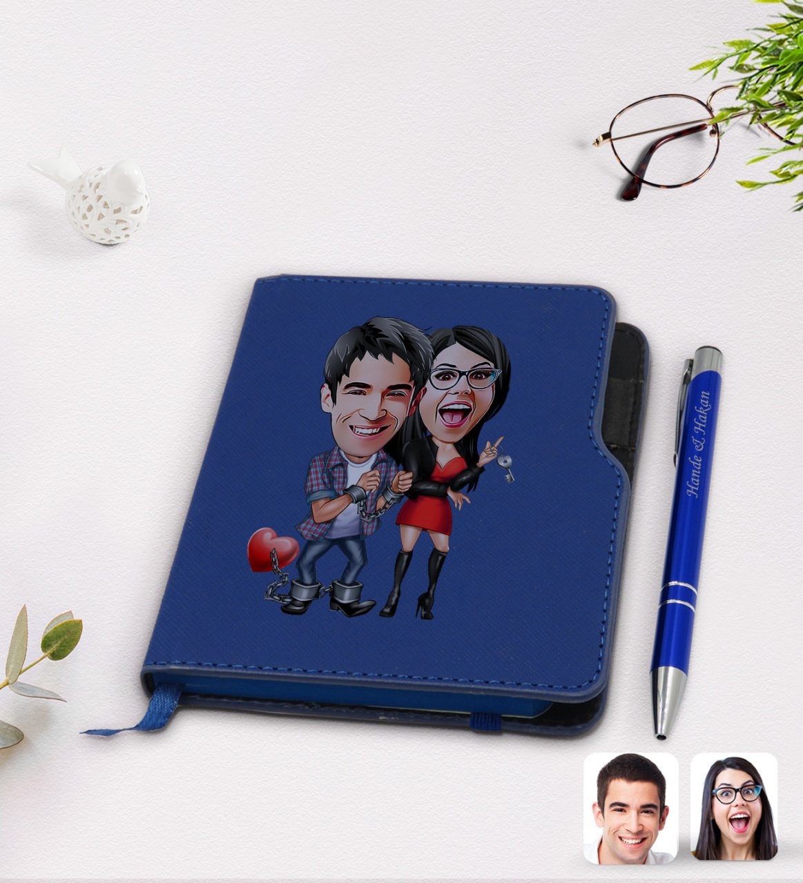 Kişiye Özel Sevgililer Karikatürlü Lacivert Termo Deri Defter Kalem Seti-1