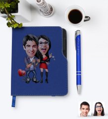 Kişiye Özel Sevgililer Karikatürlü Lacivert Termo Deri Defter Kalem Seti-1