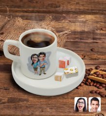 Kişiye Özel Sunum Tabaklı Sevgililer Karikatürlü Türk Kahvesi Fincanı Model 101