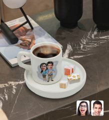 Kişiye Özel Sunum Tabaklı Sevgililer Karikatürlü Türk Kahvesi Fincanı Model 101