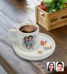Kişiye Özel Sunum Tabaklı Sevgililer Karikatürlü Türk Kahvesi Fincanı Model 101
