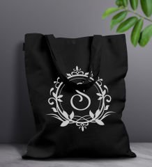 BK Gift Kişiye Özel Harfli Siyah Kumaş Bez Çanta-3, Baskılı Omuz Çantası, Alışveriş Çantası
