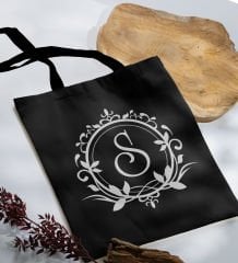 BK Gift Kişiye Özel Harfli Siyah Kumaş Bez Çanta-3, Baskılı Omuz Çantası, Alışveriş Çantası