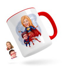 Kişiye Özel Süper Anne ve Çocuk Karikatürlü Kırmızı Kupa Bardak