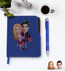 Kişiye Özel Sevgililer Karikatürlü Lacivert Termo Deri Defter Kalem Seti-2