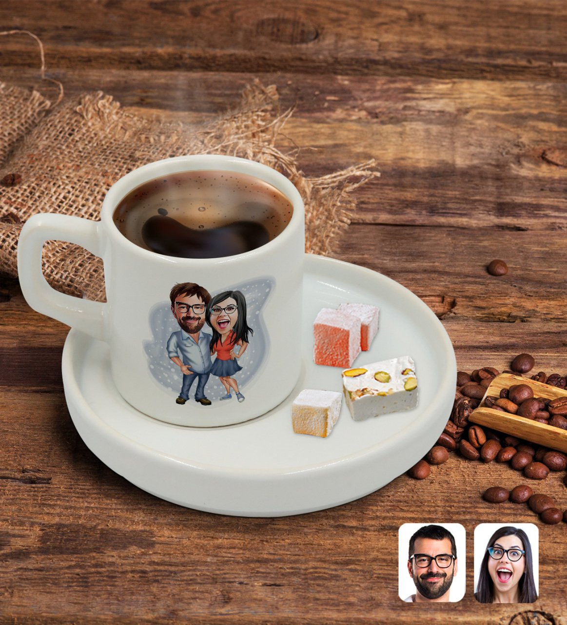 Kişiye Özel Sunum Tabaklı Sevgililer Karikatürlü Türk Kahvesi Fincanı Model 105