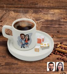 Kişiye Özel Sunum Tabaklı Sevgililer Karikatürlü Türk Kahvesi Fincanı Model 105