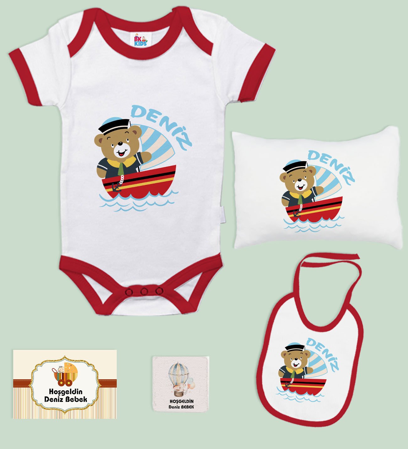 BK Kids Kişiye Özel İsimli 5 Parça Kırmızı Bebek Body Zıbın Yastık Hediye Seti, Yeni Doğan Bebek Giyim Hediyesi-1