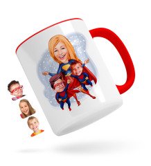 Kişiye Özel Süper Anne ve Çocuklar Karikatürlü Kırmızı Kupa Bardak