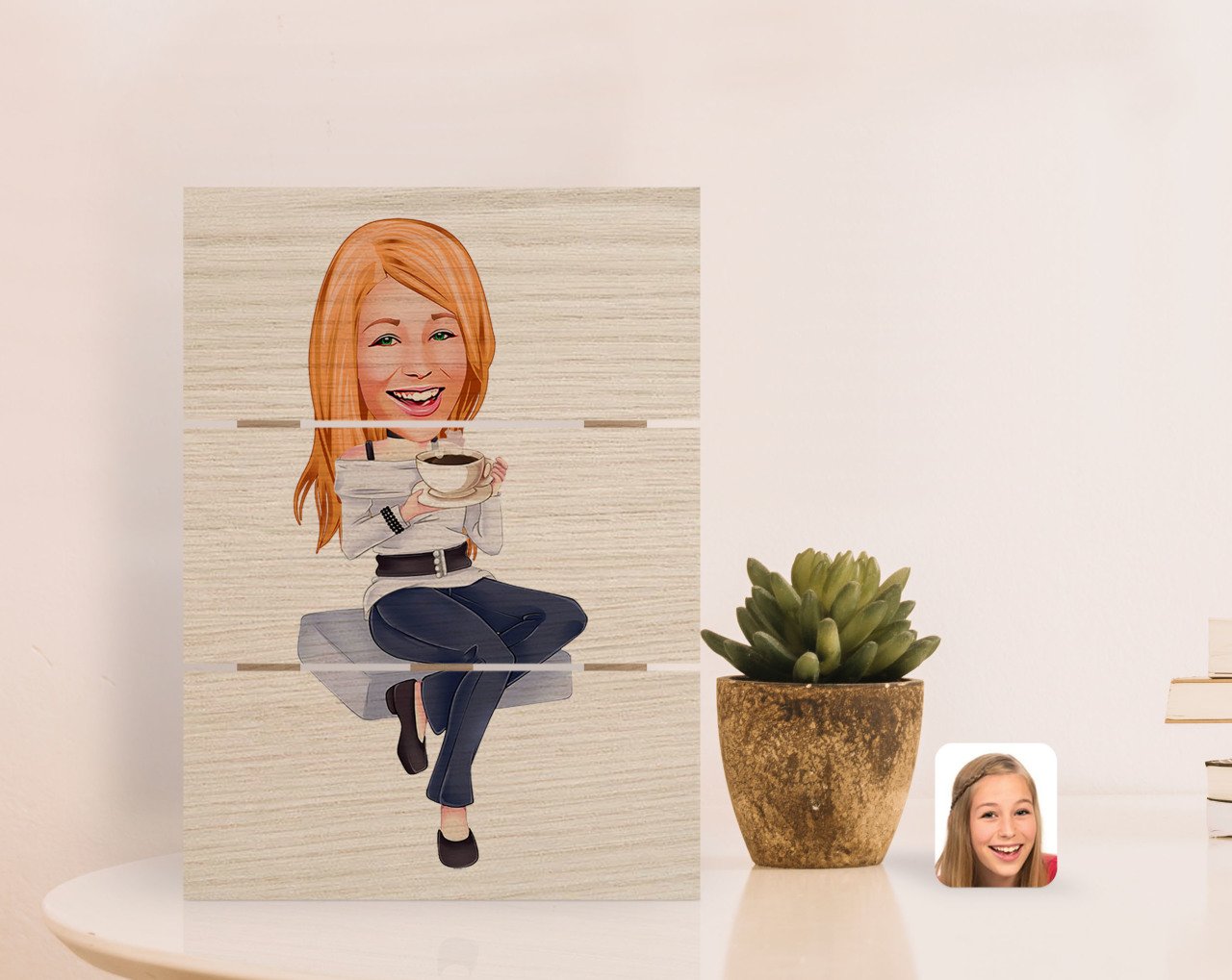 Kişiye Özel Kadın Karikatürlü Otantik Masaüstü Ahşap Palet Çerçeve-101