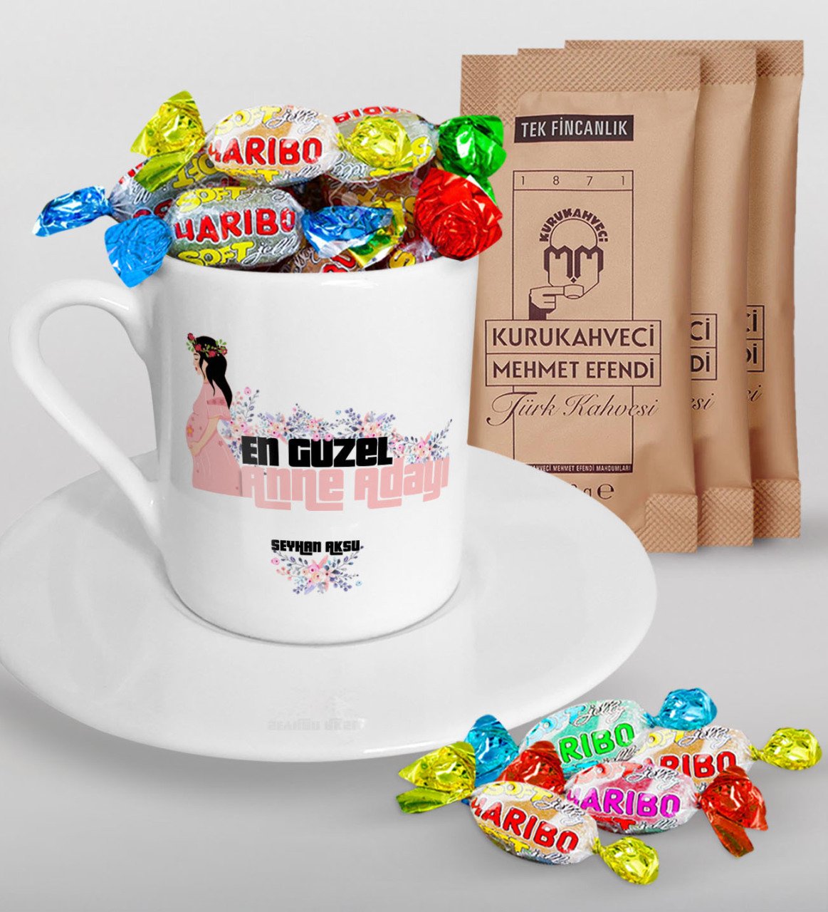 Kişiye Özel Anne Adayı Tasarımlı Türk Kahvesi Fincanı Mehmet Efendi Kahve ve Haribo Şeker Hediye Seti-2