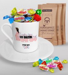 Kişiye Özel Anne Adayı Tasarımlı Türk Kahvesi Fincanı Mehmet Efendi Kahve ve Haribo Şeker Hediye Seti-2