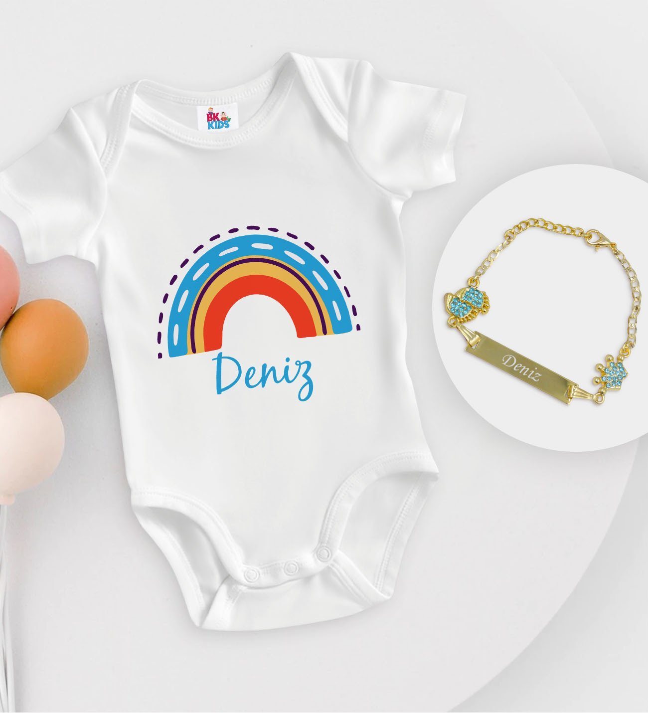 BK Kids Kişiye Özel İsimli Beyaz Bebek Body Zıbın ve Erkek Bebek Künyesi Hediye Seti-2
