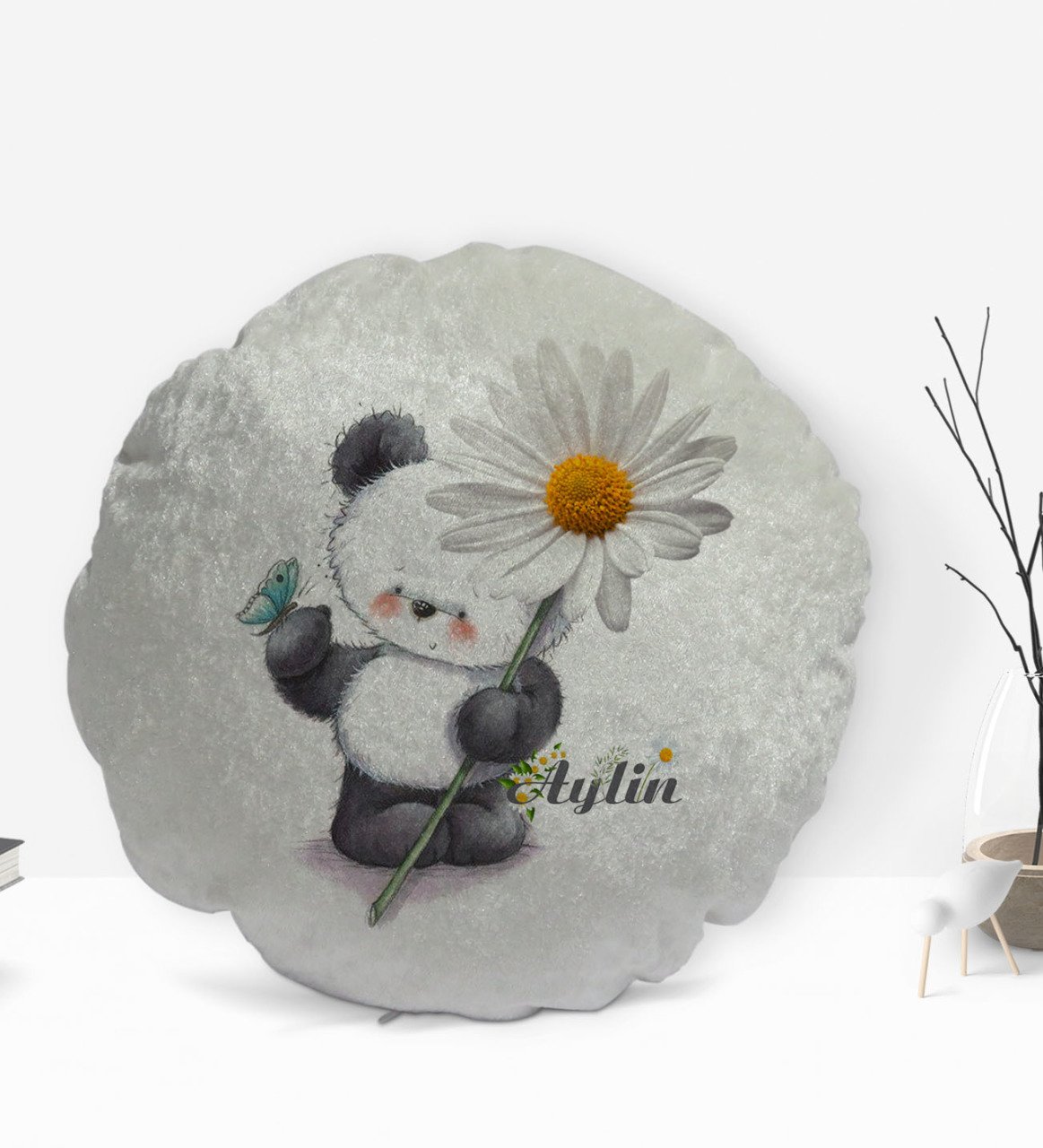 Kişiye Özel İsimli Papatya Temalı Yuvarlak Dekoratif Kırlent Yastık-9